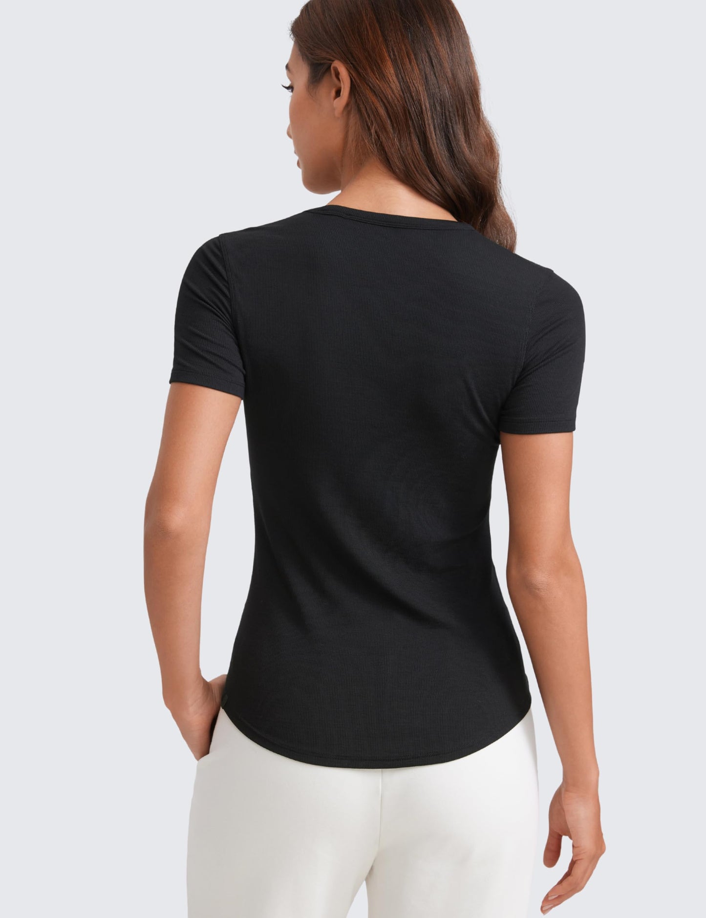 CRZ YOGA Womens Ribbed Modal Casual Short Sleeve Crew Neck Basic Shirts Going Out Soft Fitted Stretchy Athletic Workout Tops Black Medium