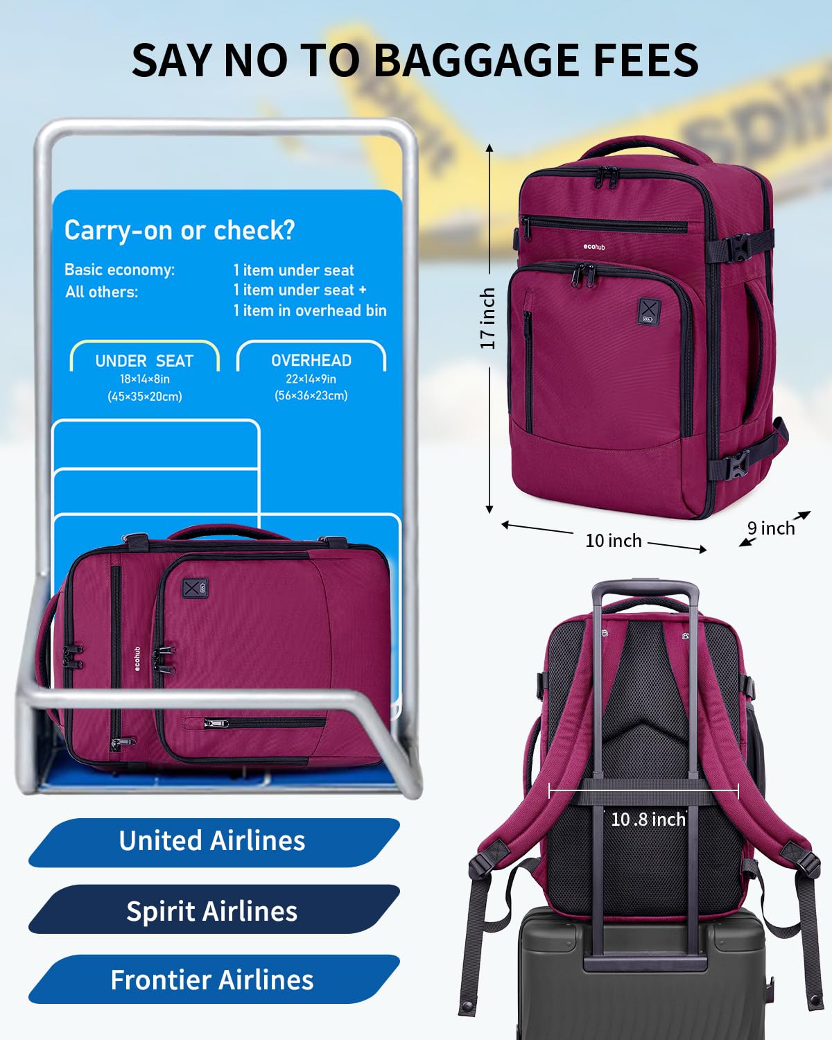 ECOHUB 17" Small Travel Backpack, United Airlines Personal Item Bag 17x10x9 with 16 Pockets, Water Resistant Rucksacks Fit 15.6" Laptop, AirTag Pocket, Lightweight Casual Daypack, 25L, Red