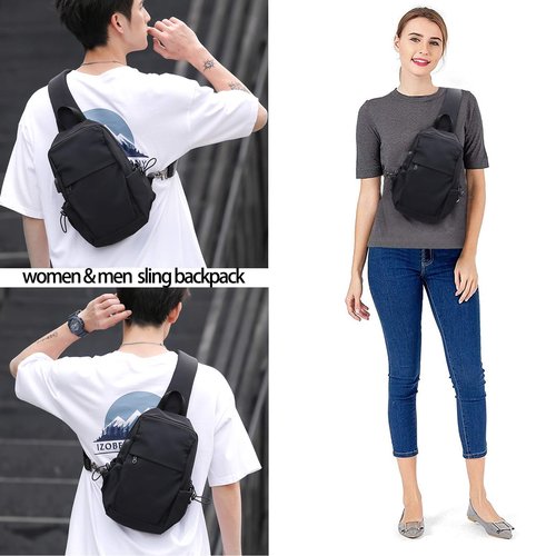Small Black Sling Crossbody Backpack Shoulder Bag for Men Women, Lightweight One Strap Back Pack Sling Bag Backpack for Hiking Walking Biking Travel Cycling USB Charger Port-Nylon
