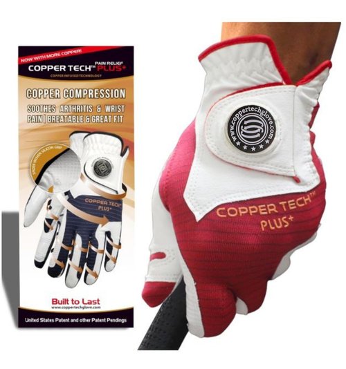 Copper Tech Plus Men's Left for Right Handed Golfers Golf Glove – Advanced Compression for Muscle Support, Joint Relief Gloves – White/Red, 1 Pack, X-Large