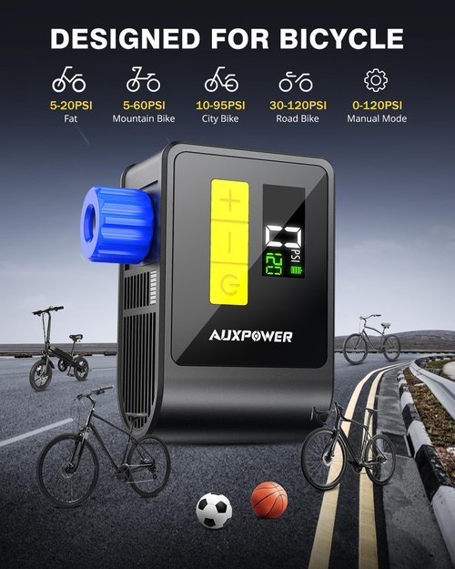 Auxpower Mini Bicycle Pump with Pressure Gauge, 120PSI Electric Portable Bike Pump with Presta and Schrader Valve, Auto Stop, Outdoor Bicycle Tire Pump for Road, Mountain, E-Bike and Sports Balls