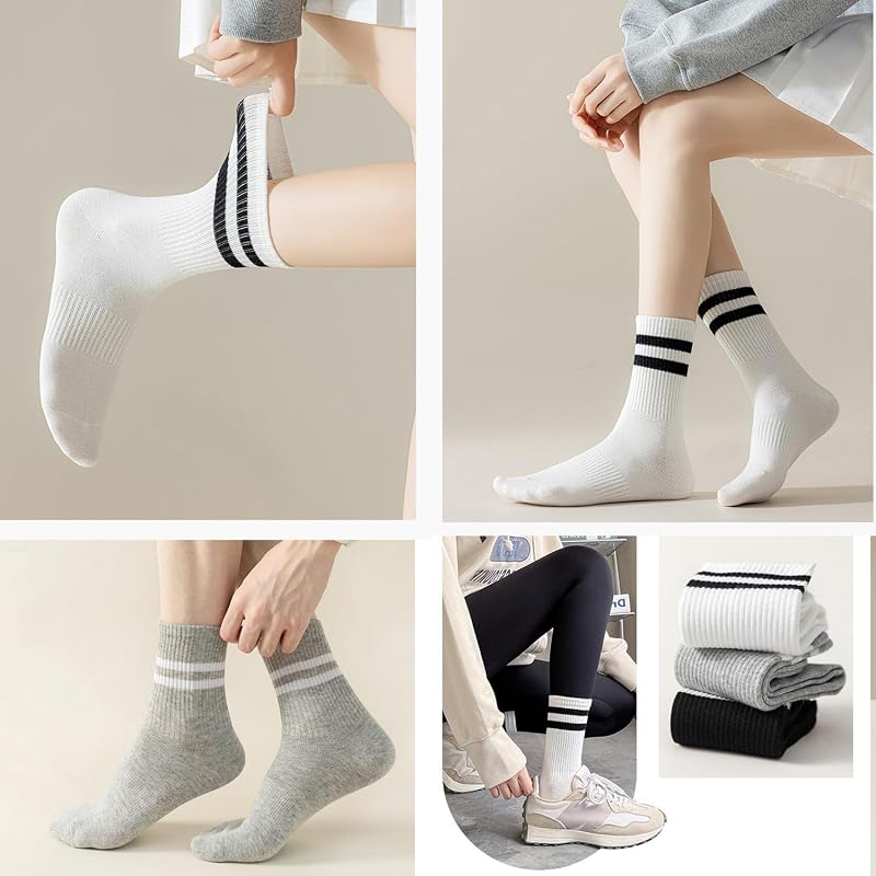 Unisex Striped Crew Socks 12 Pairs - Cotton Mid Crew, Size 5-9