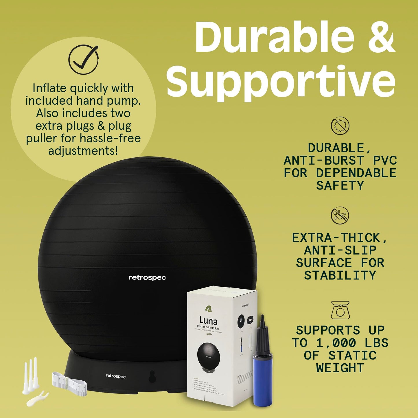 Retrospec Luna Exercise Ball, Base & Pump / Ball & Pump with Anti-Burst Material - Fitness Gym Swiss Ball - Perfect for Balance, Stability, Yoga, Pilates, Pregnancy & Birthing