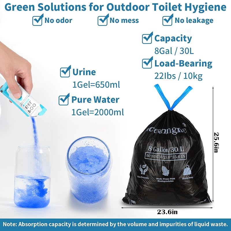 8 Gallon Portable Toilet Bags with Poo Gel Set - 20 Bags & 20 Gel Packs, Compostable, Camping & Outdoor