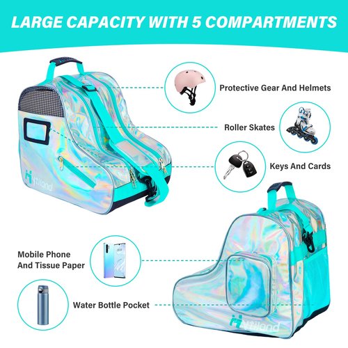 Roller Skate Bag Inline Skates Bag Stylish Plain Holographic Fashion Model Spacious Big Capacity Ice Skate Bag Breathable Mesh Waterproof & Durable Figure Skating Bag For Women And Youth (Silver)