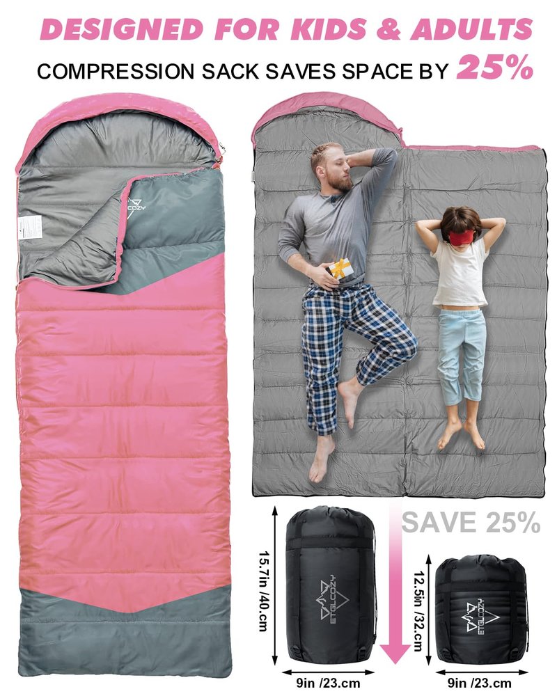ETGLCOZY Lightweight 3-Season Sleeping Bag for Adults/Kids Camping, Compact w/Compression Sack, Waterproof Ripstop, Portable for Backpacking Hiking Travel, 50-80°F, Pink