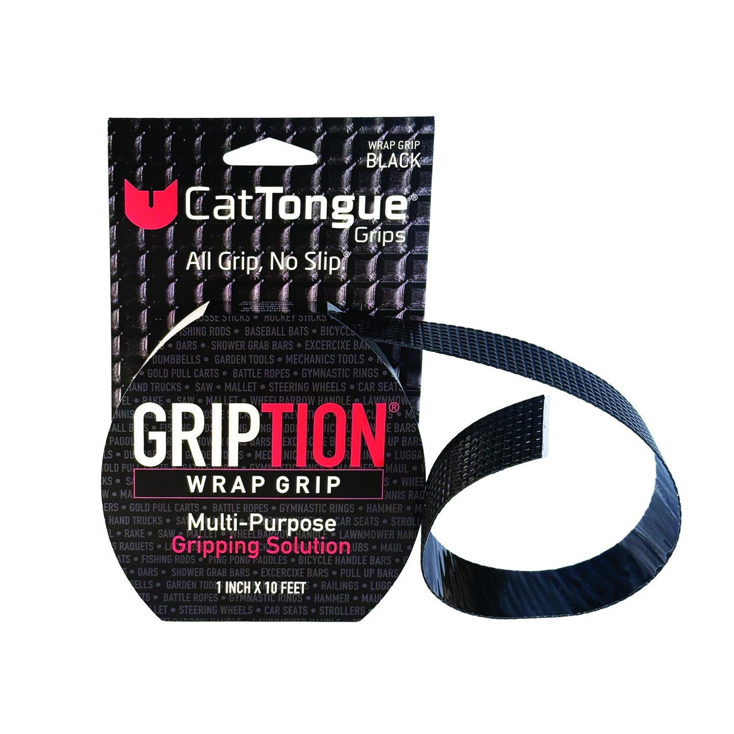 CATTONGUE GRIPS Non-Abrasive Grip Tape Roll - 1” Wide Heavy-Duty, Waterproof Anti-Slip Tape for Wrapping Tools, Grab Bars, Gym Equipment & More - Indoor & Outdoor Non-Skid Solution (Black, 10ft)