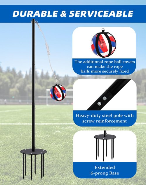 Arejonner Tetherball Set with Heavy-Duty Adjustable Pole (Up to 8ft), Soft-Touch Ball & 5-Prong Base - Professional Outdoor Game for Backyard, Lawn, Beach - Includes Ball, Rope, Pole & Base for Kids