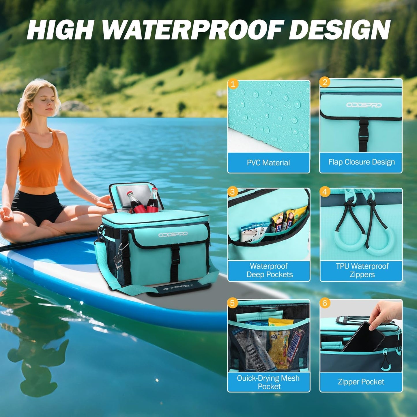 28L Paddle Board Cooler, Unique Top Opening Flap Waterproof Paddleboard Cooler, Durable PVC Material Fits 42 Cans with Bottle Opener, Paddle Board Accessories for SUP, Kayaking, Camping, Fishing