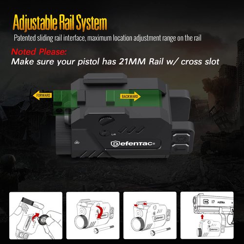 DEFENTAC Pistol Laser Light Combo 680 Lumens, Strobe Tactical Flashlight with Green Beams for Guns W/a Rail, Magnetic Rechargeable