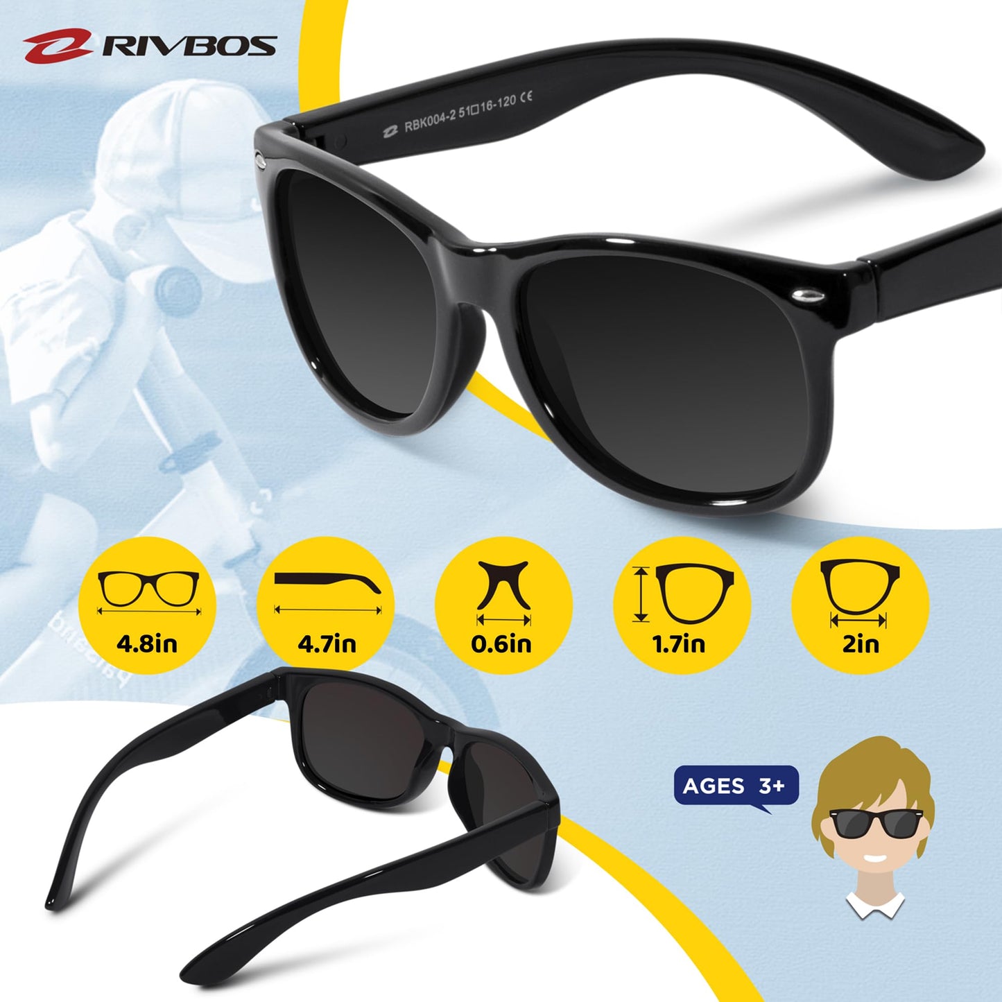 RIVBOS Kids Sunglasses Boys&girls with Strap Polarized Rubber Flexible Shades for Toddler and Children Age 3-10 RBK004-2 Black