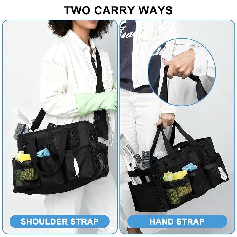 Large Cleaning Caddy Organizer with Adjustable Strap & 4 Dividers – Waterproof Nylon Tote