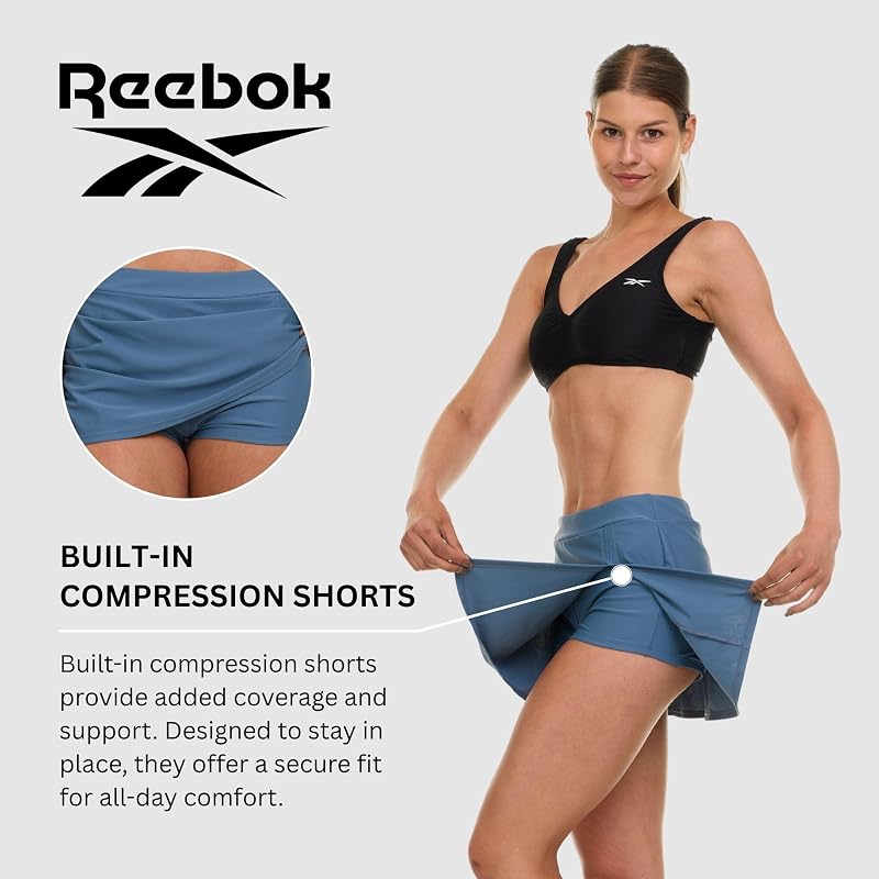 Reebok Womens Swim Skirt with Short Liner, Slate Blue Medium