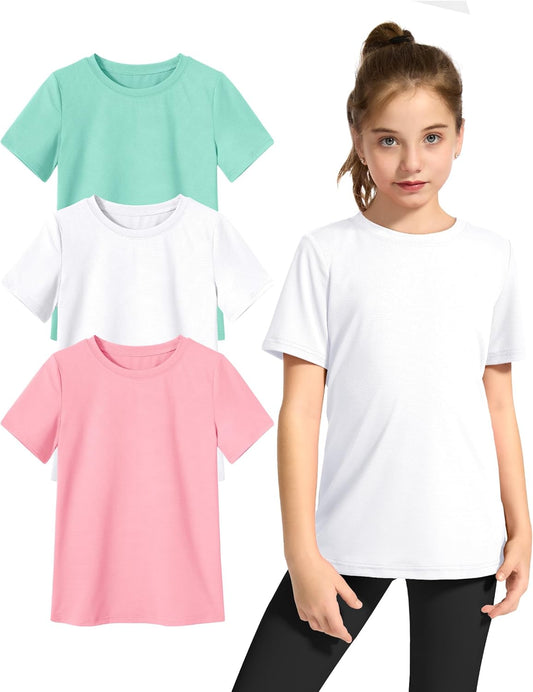 KEREDA Girls Athletic Shirts Quick Dry Short Sleeve Crew Neck T Shirts, Summer UPF 50+ Tee Tops for Teen Girls 3 Pack