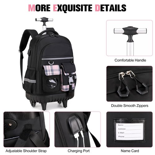 ACESAK Rolling Backpack for Girls - Roller Wheels School Bookbag with Lunch Bag & Pencil Pouch for Teen Girls Kids Wheeled Suitcase Backpacks, Elementary Middle School Travel Daypack (Black)
