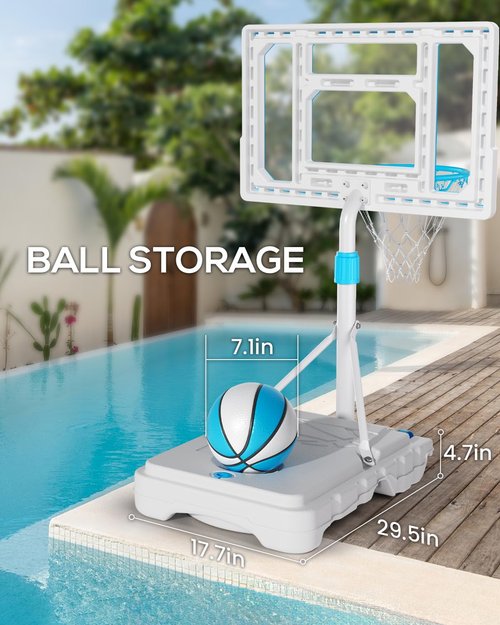 Swimming Pool Basketball Hoop Poolside, Stainless Steel Adjustable Pool Basketball Goals System with 32 Inch Shatterproof Backboard, 2 Balls & Pump Included
