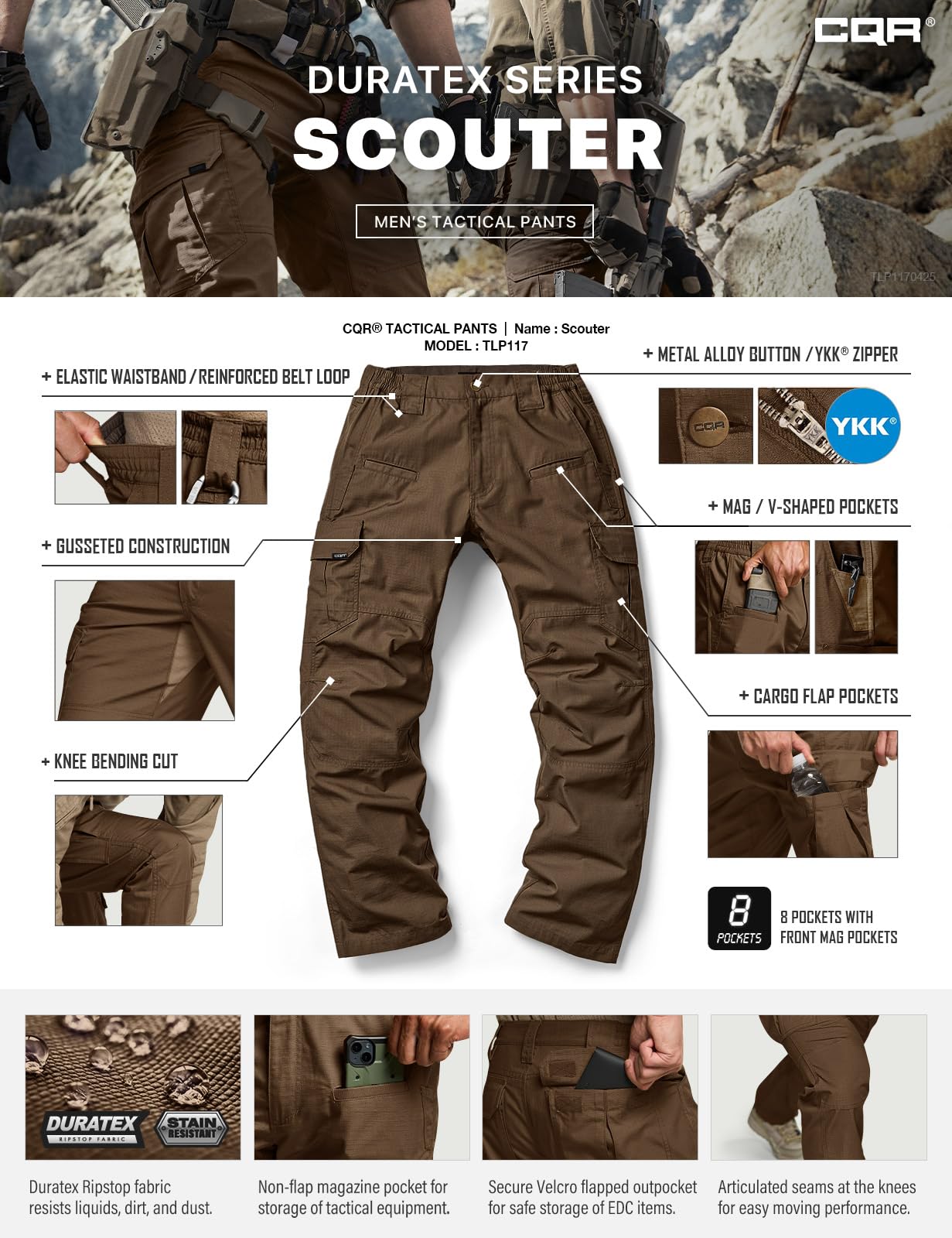 CQR Men's Tactical Pants, Water Resistant Ripstop Cargo Pants, Lightweight EDC Work Hiking Pants, Outdoor Apparel, Raider Tundra, 46W x 30L