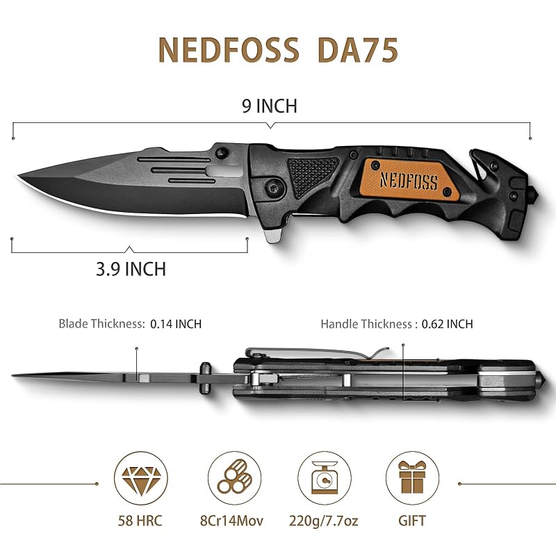 NedFoss Pocket Folding Knife DA75 3-in-1 with Black Edge+ 3.9" Variation: Black-Standard Edge+3.9"