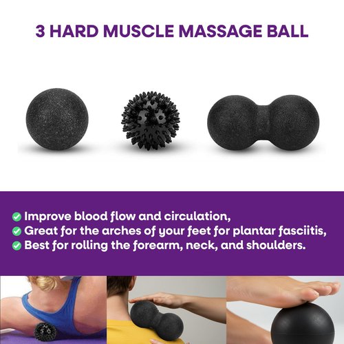 6-Piece Foam Roller Massage Set – Deep Tissue Muscle Recovery Kit with Massage Stick, Massage Balls & Stretch Strap – Includes Carry Bag – Black/Blue