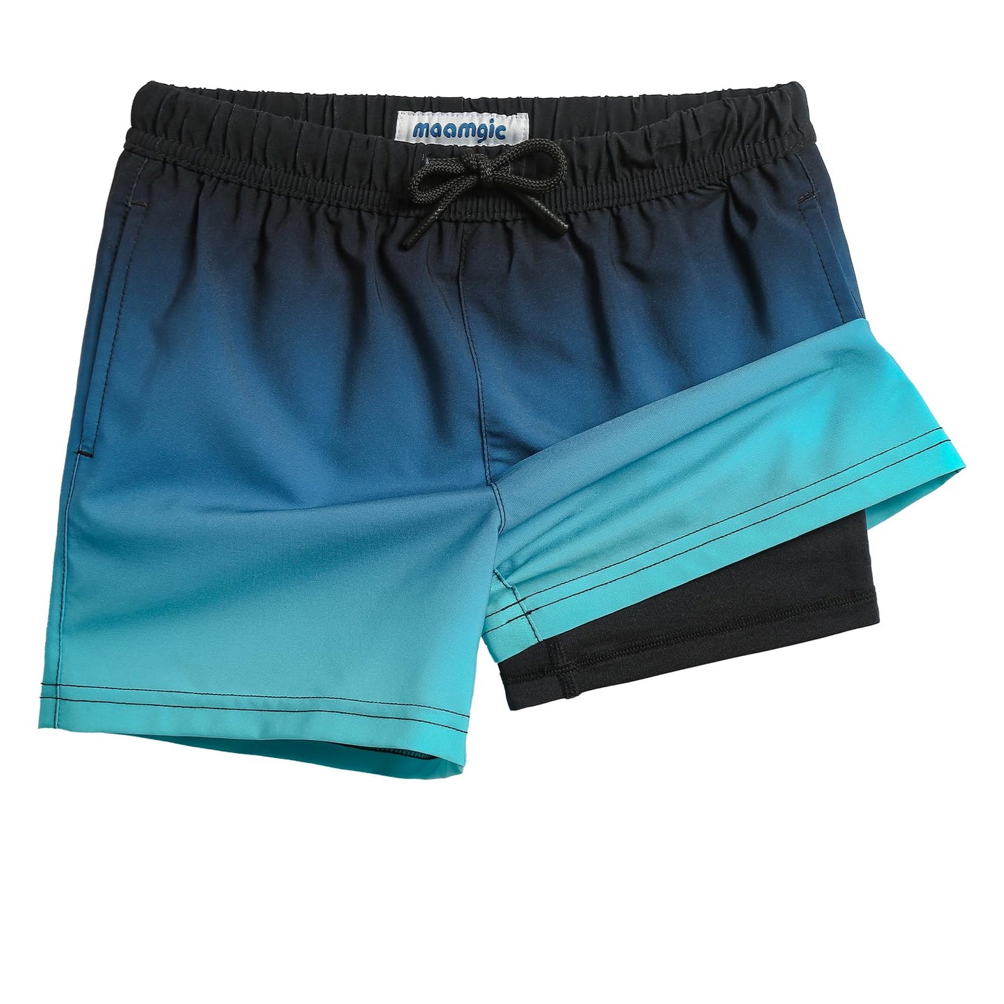maamgic Boys Swim Trunks with Compression Liner 4-Way Stretch Quick Dry Bathing Suit Toddler Beach Shorts Blue Black 3T