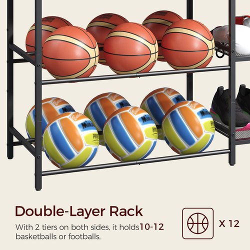 MAHANCRIS Sports Equipment Organizer, 3 Tier Ball Storage Rack with Baseball Bat Holder, Indoor & Outdoor Basketball Racks for Volleyball, Football, Garage Organizer with Sheleves, Black BEHR17301