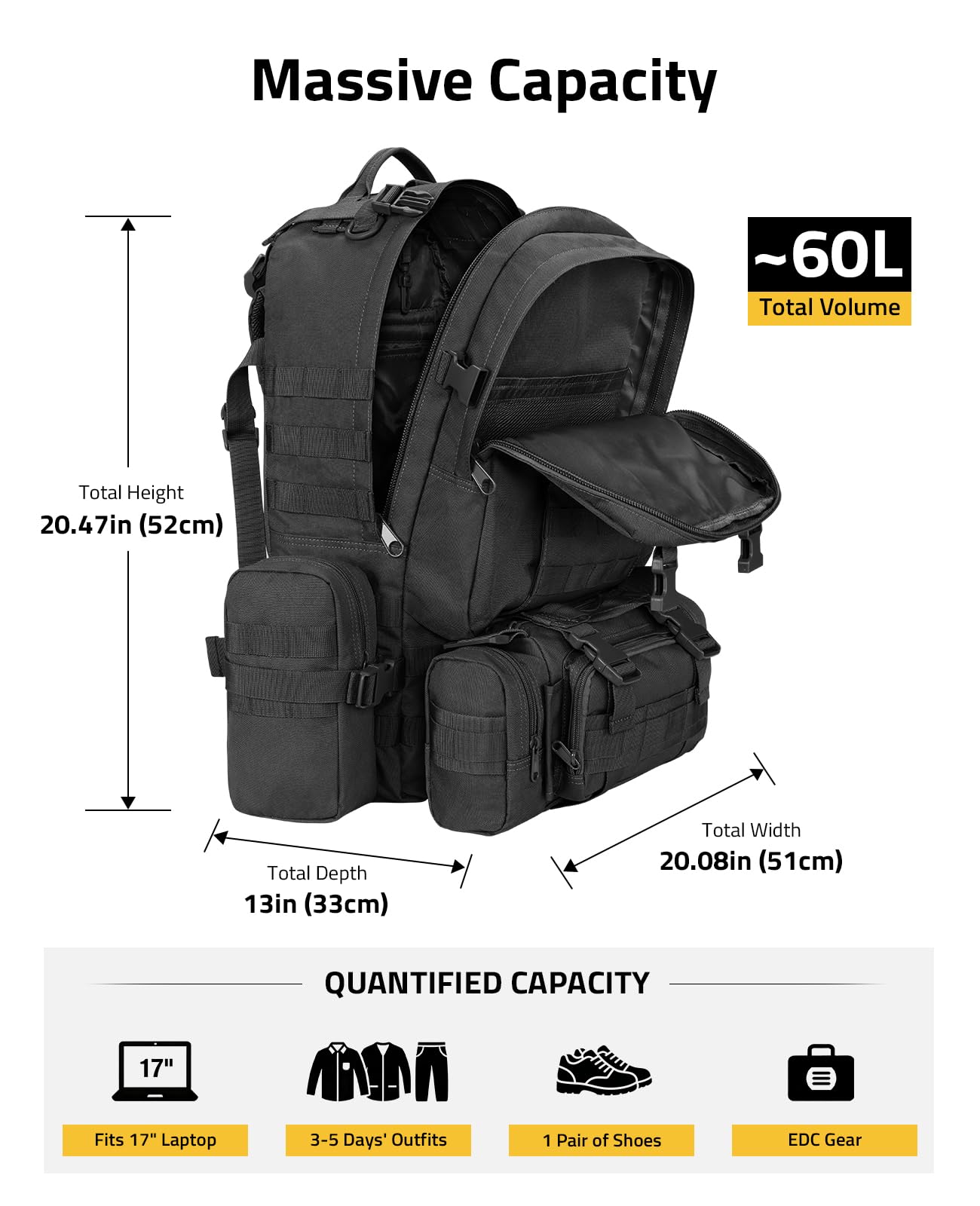 CVLIFE Tactical Backpack Military Army Rucksack 60L Large Assault Pack Detachable Molle Bag