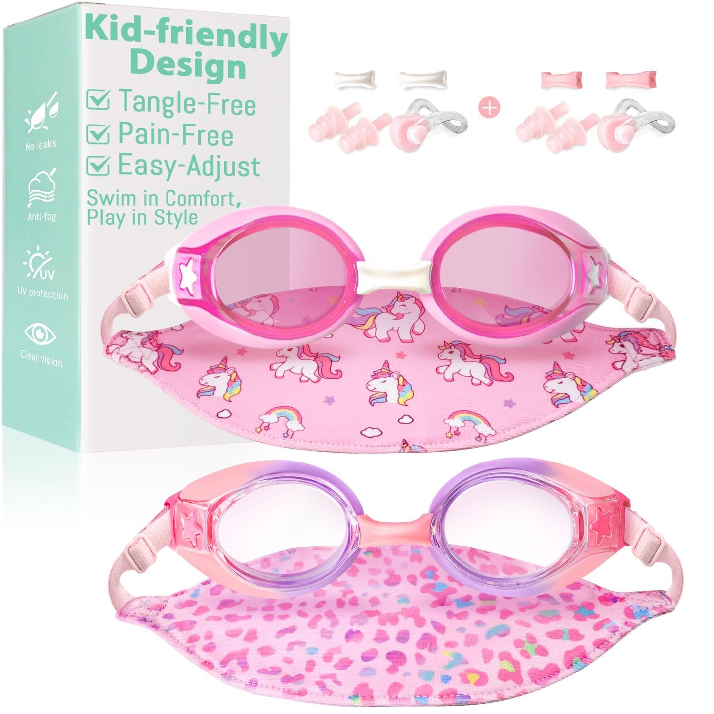 Pixel Panda 2 Pack Kids Swim Goggles with Fabric Strap for 3-12 Anti-Fog Anti-UV, No Leak No Hair Pulling Swimming Goggles Boys Girls Youth Toddlers Pool Water Protection(Pink and Purple)