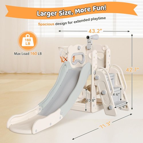 Babytronic Toddler Slide, 6 in 1 Kids Indoor Slide for Toddlers 1-3, Kids Playground for Indoor Outdoor with Basketball Hoop and Telescope, Indoor Outdoor Slide Playset (White&Gray)