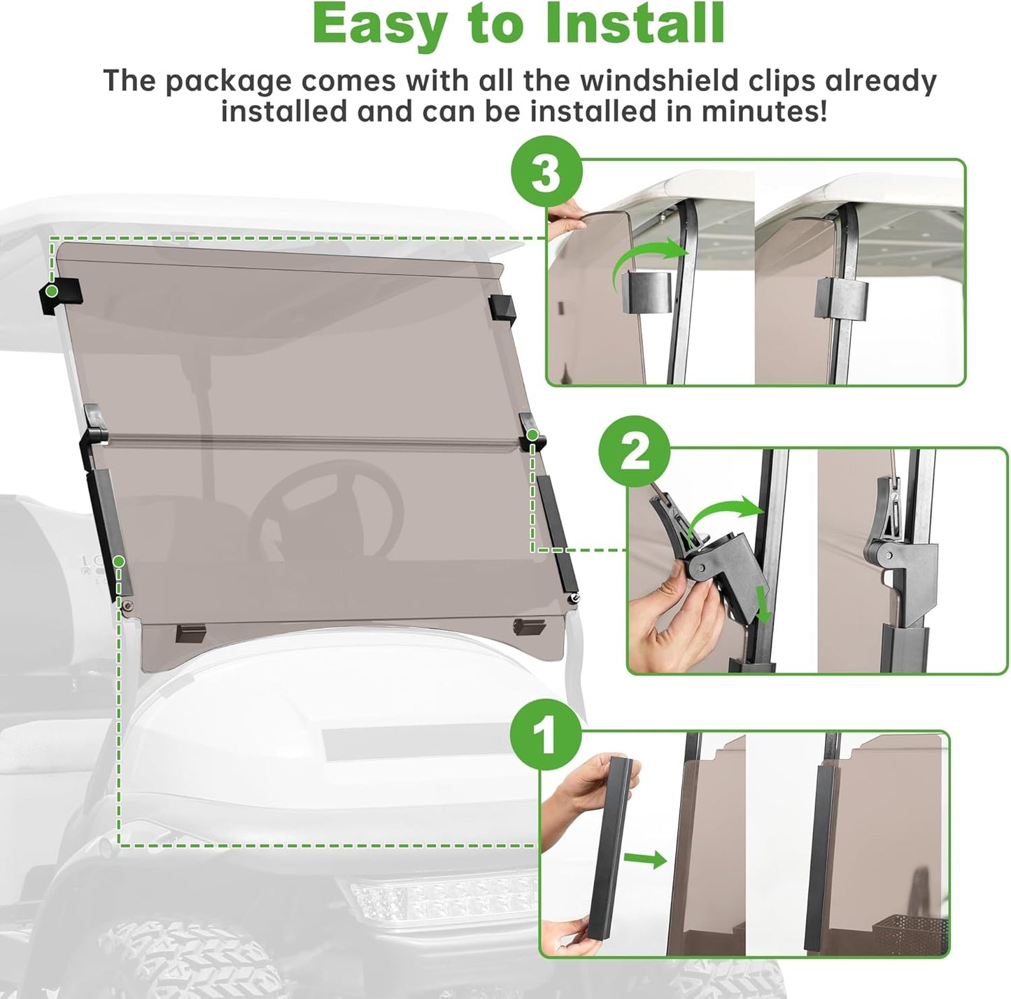 10L0L Golf Cart Windshield for Club Car Precedent 2004-Up, Tempo, 2017-Up Onward, Clear/Tinted Fold Down Club Car Windshield Anti-UV Impact Resistant - 37.5"W X 33.6"H