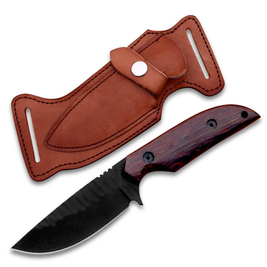 Kelani Fixed Blade Skinner – 1095 Steel, 8" Overall, Snake Wood Handle, Leather Sheath – Cowboy Knife for Hunting & Tactical Gear