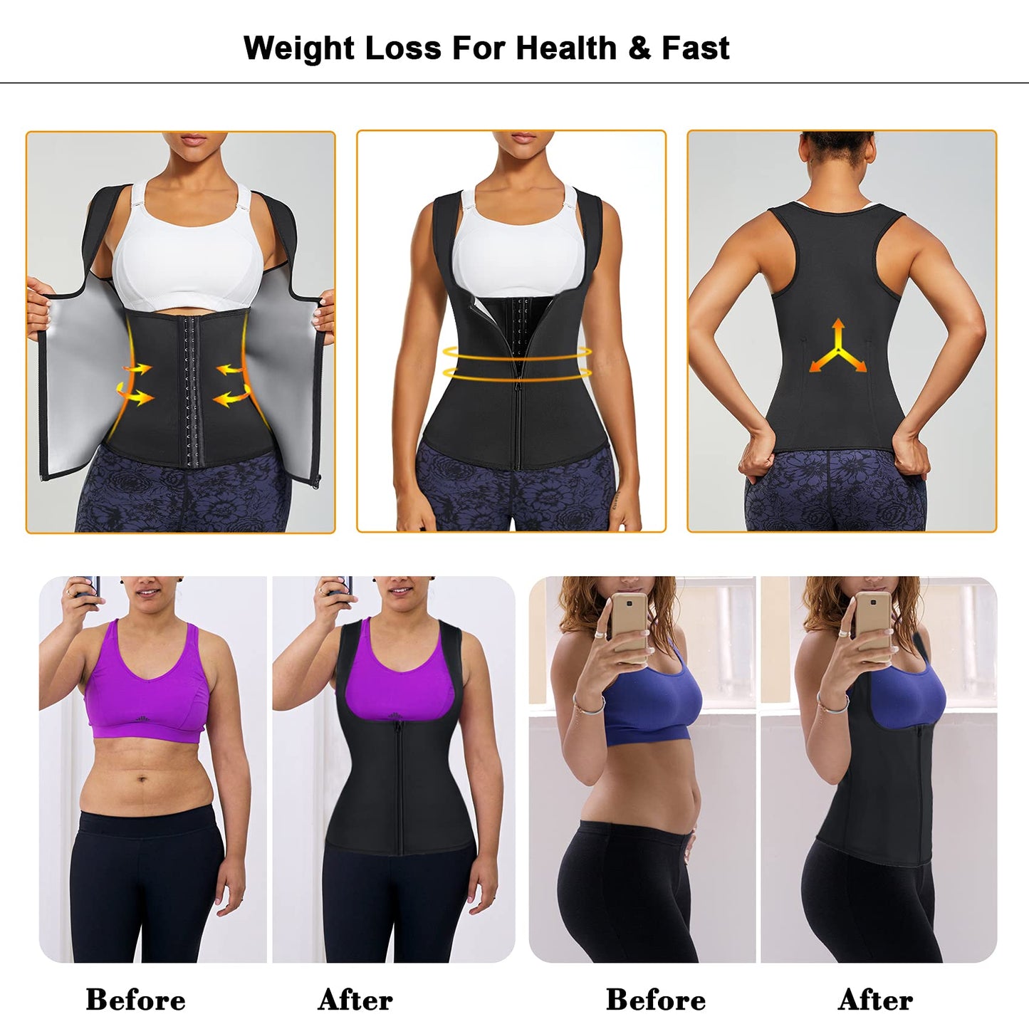 LANCS Sauna Suit for Women Sweat Waist Trainer Zipper Vest Cincher Body Shaper Corset Slimming Workout Tank Tops (Black, Large)