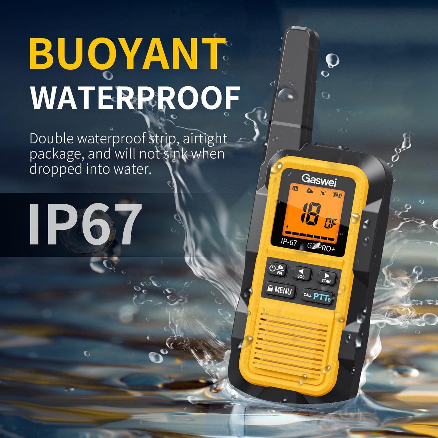 Gaswei G2pro+ IP67 Waterproof Floating Heavy Duty Walkie Talkies Long Range for Adults FRS Double PTT，FM radio,SOS,NOAA weather Rechargeable Two Way Radios 2 watts,VOX,Li-ion Battery (2 Pack - Yellow)