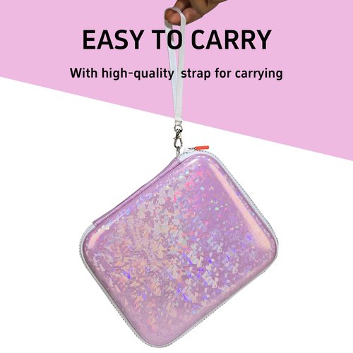 Sparkly Card Holder for YOTO Player Cards - 120 Pockets Portable Binder with Zipper, Carry Strap & Sleeves for Yoto Player/Mini Audiobook Cards, Travel-Friendly Hard Storage Organizer(Pink)