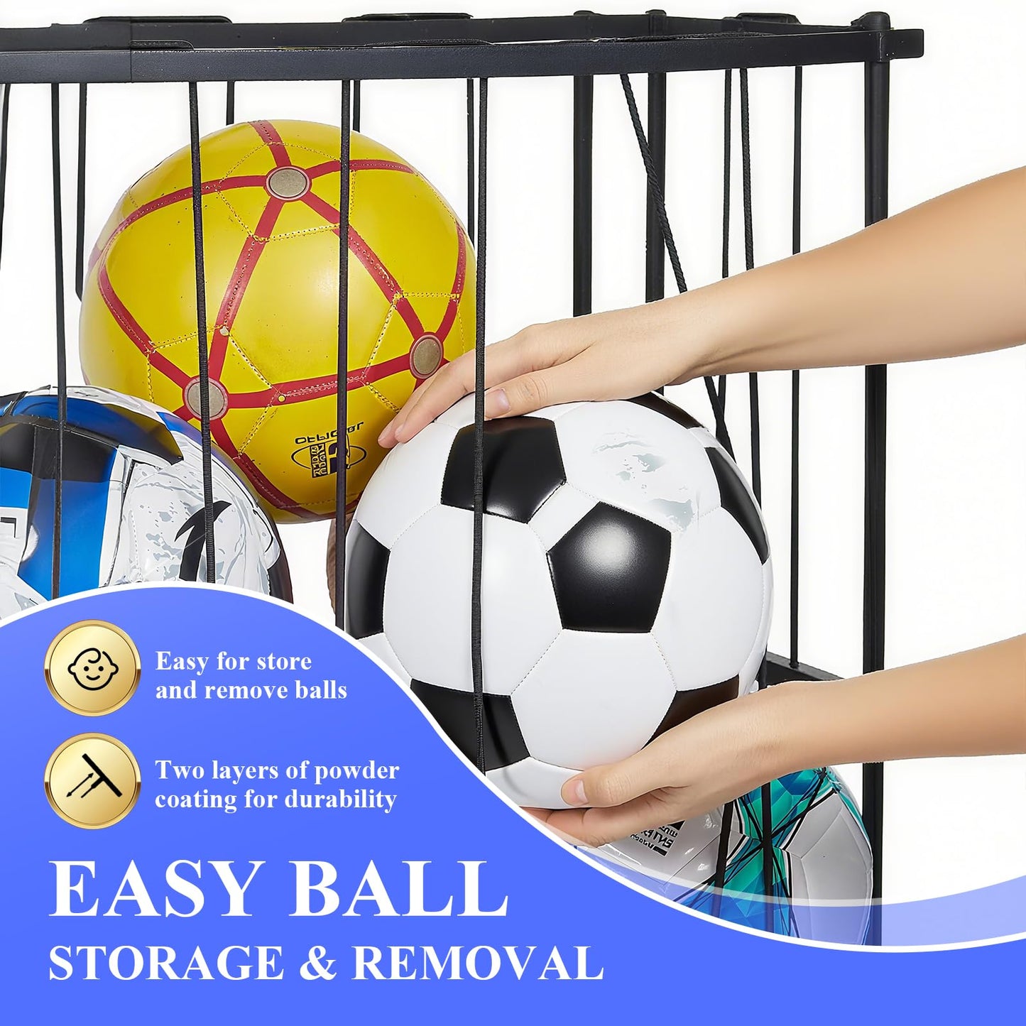 URMMIY Large Garage Ball Storage Rack with Wheels–Rolling Sports Equipment Organizer Freestanding Ball Holder for Basketball Soccer Volleyball Football–Sports Ball Storage for Garage Gym School Home