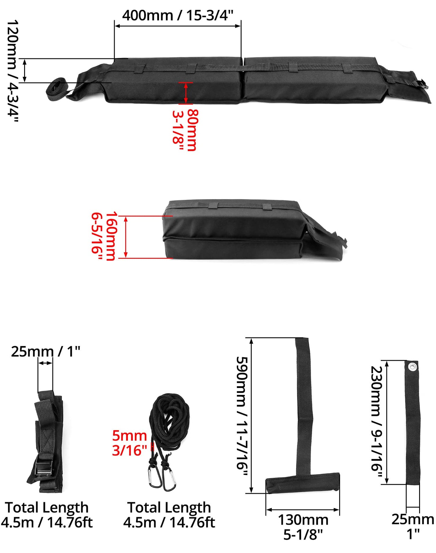QWORK Universal Soft Roof Rack Pads with 16ft Waterproof Tie-Down Straps, Car Roof Top Carrier System for Kayak Surfboard Canoe SUP Snowboard, No Roof Rails Needed, Storage Bag