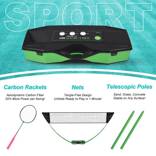 Portable Badminton Volleyball Tennis Net Set 3 in1 with1 Volleyball,2 Badminton Rackets,2 Tennis Rackets,1 Tennis Ball,8 Grip Tape,2 Shuttlecocks or Portable Storage Base,Backyard Beach Sports
