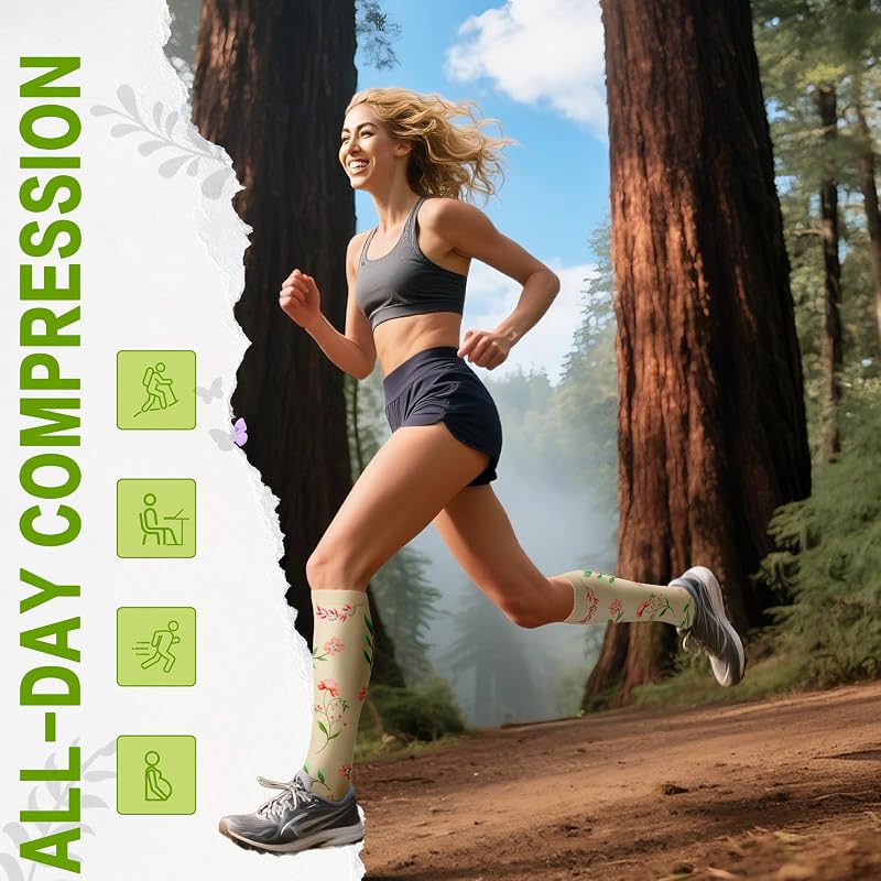 Knee High Compression Socks 20-30 mmHg Unisex Running Travel - Variation A-wflower Large-X-Large