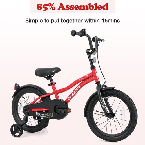 Olakids Kids Bike, 12 14 16 18 Inch Toddlers Bike with Training Wheels Safety Bell Adjustable Seat and Handlebar, Handbrake and Coaster Brake, Children's Bicycle for Boys Girls (16 Inch, Red)
