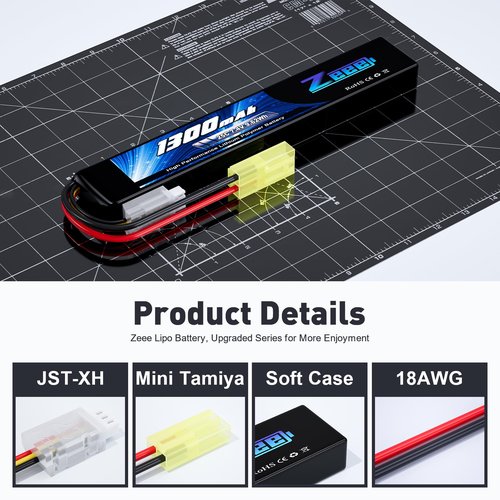 Zeee 2S Airsoft Lipo Battery 1300mAh 7.4V 25C Stick Battery with Mini Tamiya Connector for Airsoft Guns Rifle