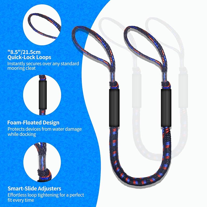 Bungee Dock Lines 4 ft 2-Pack – Heavy-Duty Boat Tie Downs, Black/Blue/Red with 1"–8.5" Adjustable Loops