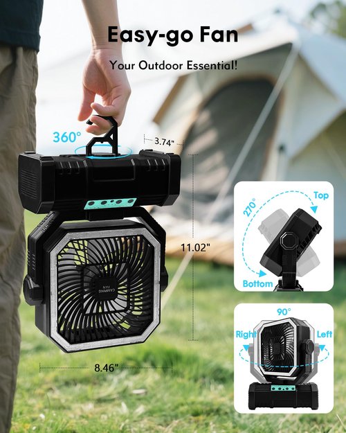 PIYOOPDR Camping Fan with Bluetooth Speaker Portable Fan,20000mAh Rechargeable Battery Powered Fans,Quiet 4-Speeds, 4-LED Light,360° Hanging Hook for Outdoor Picnic Tent Beach Travel Barbecue, Black