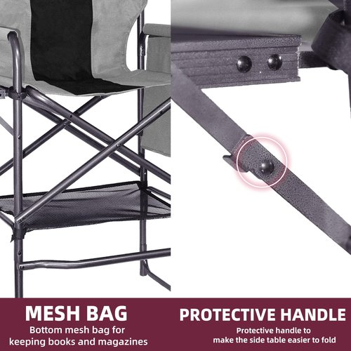 Foristrail 30" Tall Directors Chair with Side Table, 400LBS Bar Height Folding Camping Chair for Makeup Artists, Outdoor Events, Portable Foldable Chair with Cup Holder & footrest - Gray/Black