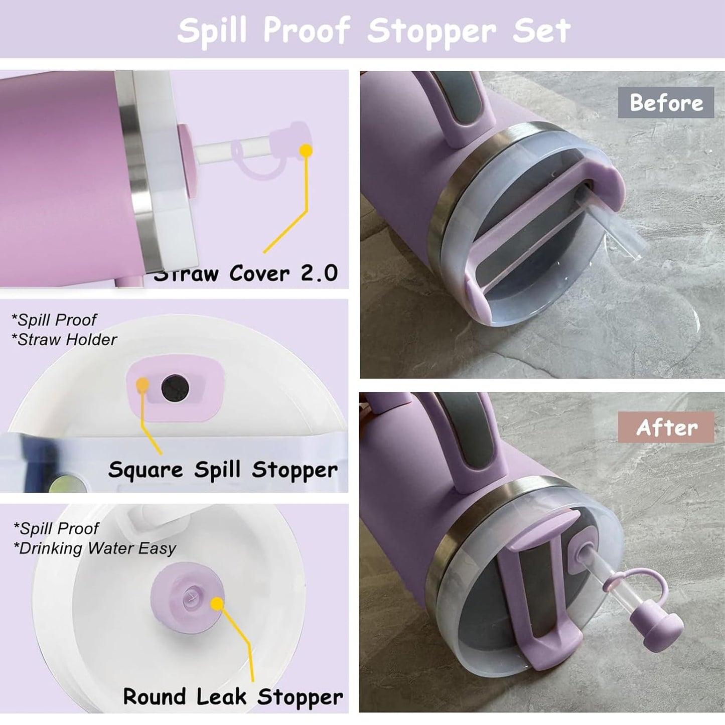 Stanley Cup Accessories Set,Including 2 Pcs 0.4in Straw Cover, 1 Silicone Spill-Proof Stopper Set of 3, 1 Cute Purple Flower Handle Charm, 1 Silicone Boot Fits Stanley 40&30 Oz Tumbler (Lilac)