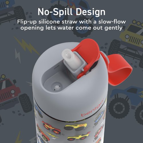 Bentgo Kids Water Bottle - Leak-Proof, Durable Tritan, BPA-Free 15 oz. Cup for Kids/Toddlers Ages 3+, Safe Sip Spout, Carrying Handle, & Dishwasher Safe for School, Sports, Daycare & Camp (Trucks)