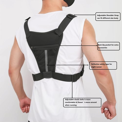 Muserise Sports Chest Bag For Men, Water Resistant Lightweight Front Running Vest Bag With Built-In Phone Holder & Extra Storage For Workouts, Cycling (Black)
