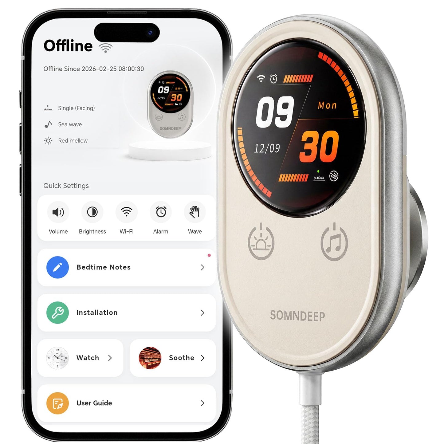 SOMNDEEP Contactless Health Monitor, Bedside Heart Rate & Breathing Monitor, Millimeter-Wave Radar, Precise Data, Medication Tracking, APP Sharing for Seniors or Patients with Chronic Diseases at Home