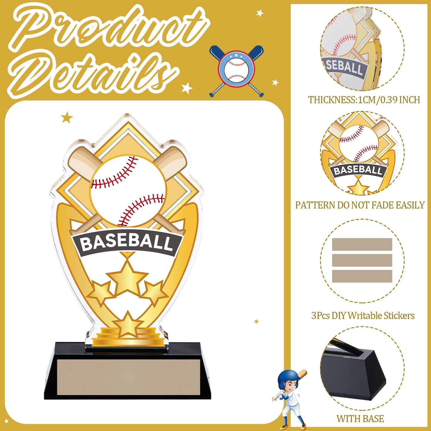 Gerrii Acrylic Trophies Awards with DIY Name Stickers Pack of 3 Champion Trophy Medals Team Reward Gift for Basketball Softball Baseball Competition Contest Tournament, 5.8/6.14/6.38inch