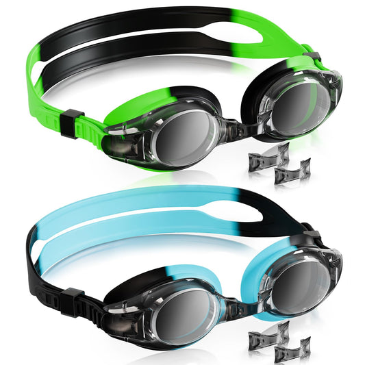 Aegend 2 Pack Kids Goggles, Swimming Goggles for Kids Age 4-16 Boys and Girls Youth, Anti-Fog Pool Goggles, Green Black & Blue Black