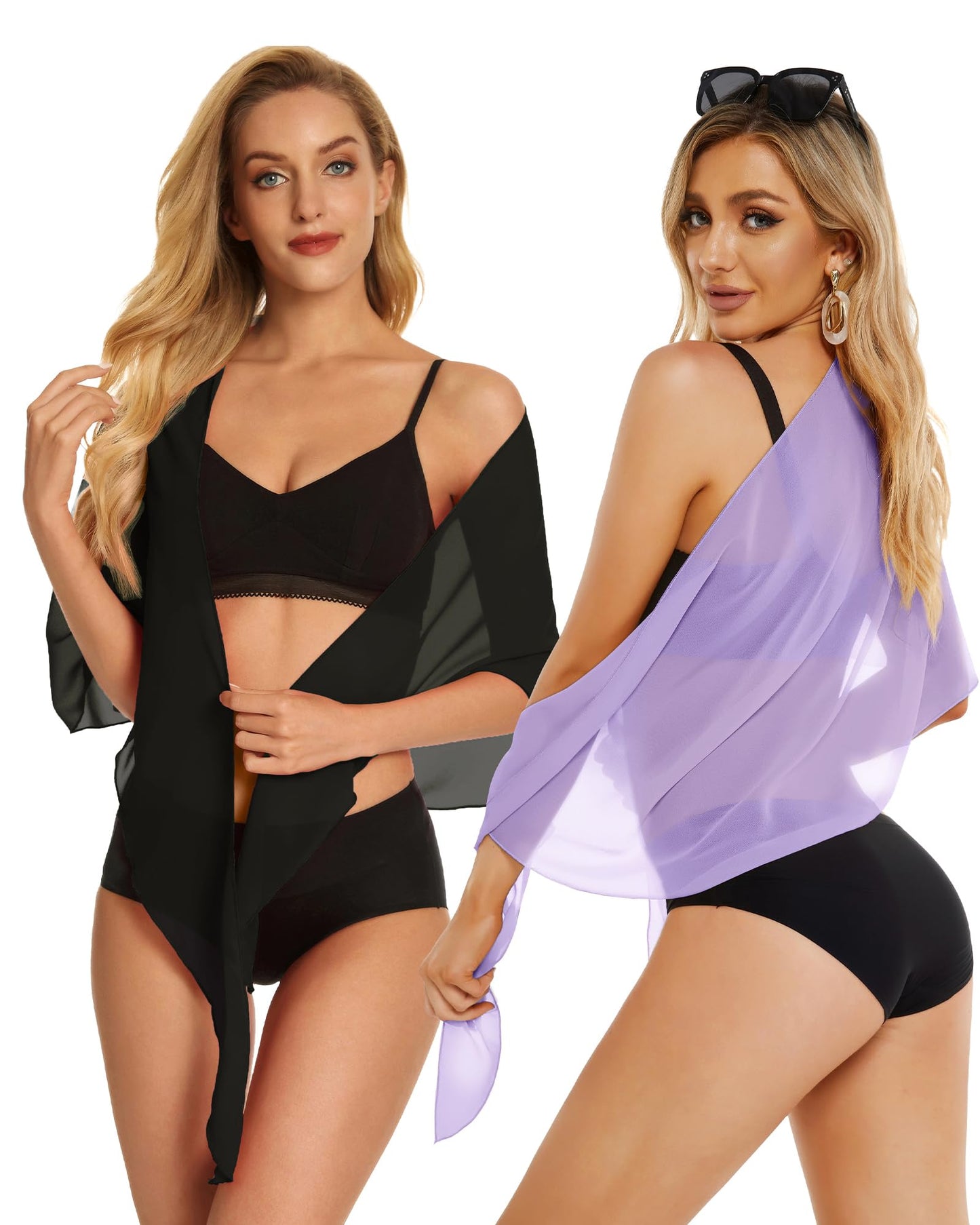 2 Pieces Sarong Cover Ups for Women Beach Bathing Suit Wrap Sheer Short Skirt Bikini Chiffon Scarf for Swimwear (Black and Light Purple)