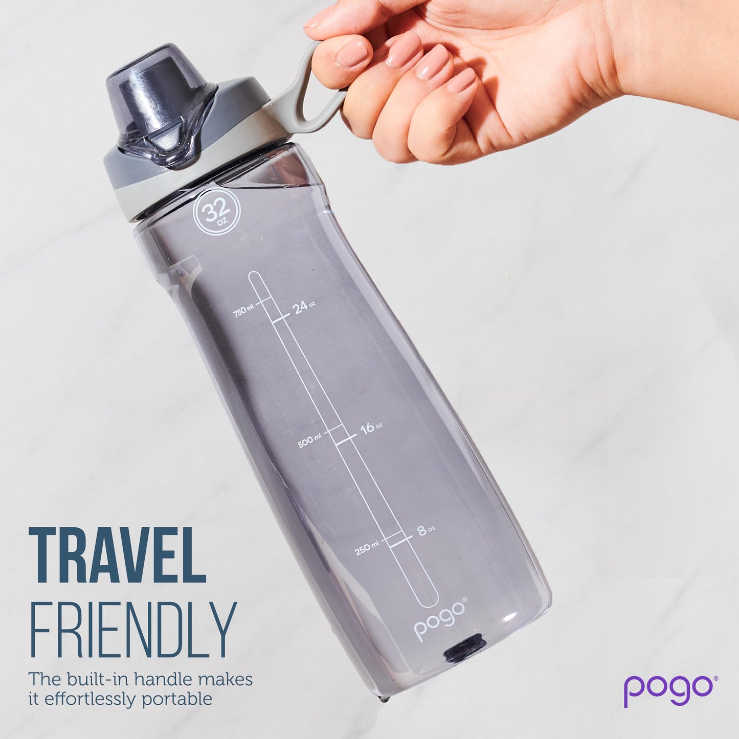 Pogo BPA-Free Tritan Plastic Water Bottle with Soft Straw, 40 Oz, Grey